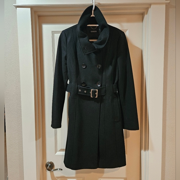 Guess Double Breast Wool Blend Coat Heavyweight Funnel Neck Belt Siz 6 Black EUC - Picture 3 of 15